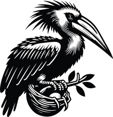 Stylized Black And White Pelican In Nest
