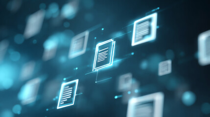 Futuristic digital interface displaying documents and data connections in a vibrant, high-tech environment. Perfect for tech themes.