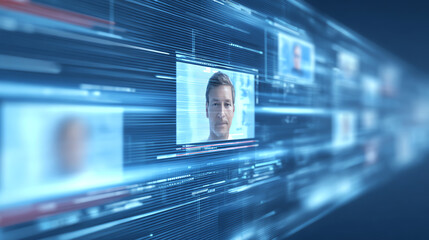Futuristic digital interface showing multiple profiles connected through a network, symbolizing data sharing and virtual communication.