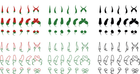 Chili pepper icon set, capsicum collection hot spice vector group, jalapeno silhouette and outline, cayenne symbol bundle, vegetable pictogram pack in flat and line style for seasoning design isolated