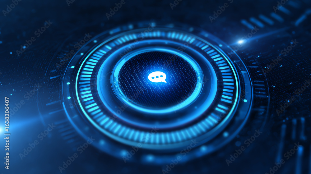 Poster futuristic interface demonstrating advanced technology with glowing elements and communication symbo