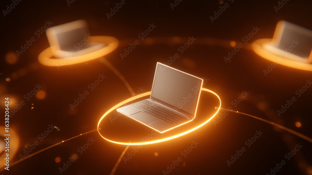 Poster futuristic laptops connected in a digital network, symbolizing innovation and advanced computing tec