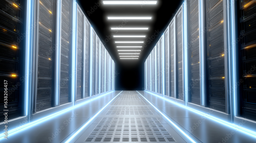 Poster futuristic server room with illuminated pathway and data storage units. modern technology meets effi