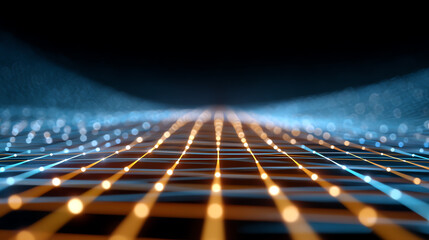 Futuristic grid pattern showcasing vibrant lights and depth, symbolizing innovation and digital connectivity.