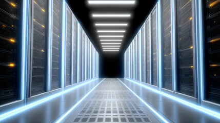 Futuristic server room with illuminated pathway and data storage units. Modern technology meets efficient design.