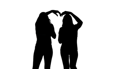 Silhouette of Two Friends Making Heart Shape with Hands Isolated on White