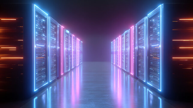 Futuristic server room illuminated with neon lights, showcasing advanced data technology and modern digital infrastructure.