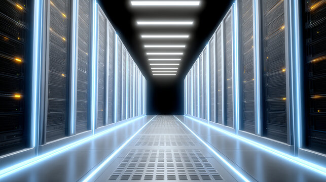 Futuristic server room with illuminated pathway and data storage units. Modern technology meets efficient design.