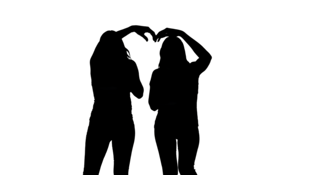 Silhouette of Two Friends Making Heart Shape with Hands Isolated on White