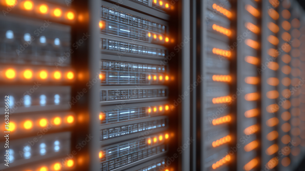 Poster high-tech data servers with glowing lights, symbolizing data storage and connectivity in modern digi