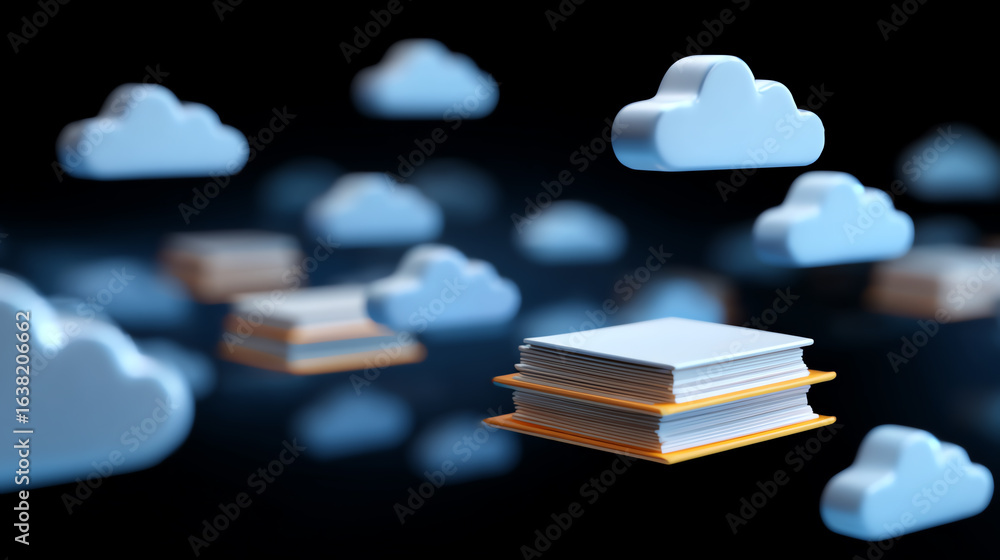 Poster illustration of digital storage with clouds and stacked books symbolizing cloud computing and knowle