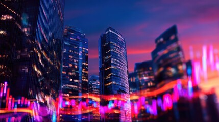 Obraz premium Vibrant city skyline at dusk with illuminated buildings and colorful light trails in the foreground