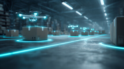 Futuristic warehouse with drones delivering packages using advanced technology for efficient logistics and automation.