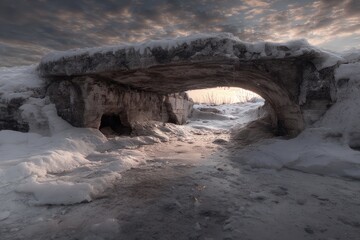 Frozen archway through snowy landscape at sunrise