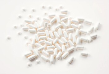 Scattered white vitamin capsules on a flat surface, bright background,  capsules,  vitality