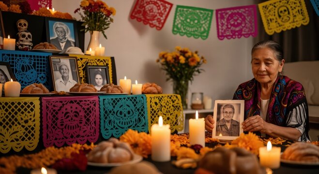 Elderly Hispanic woman remembering a loved one on Day of the Dead, holding a photograph in front of a traditional ofrenda with candles and marigolds.