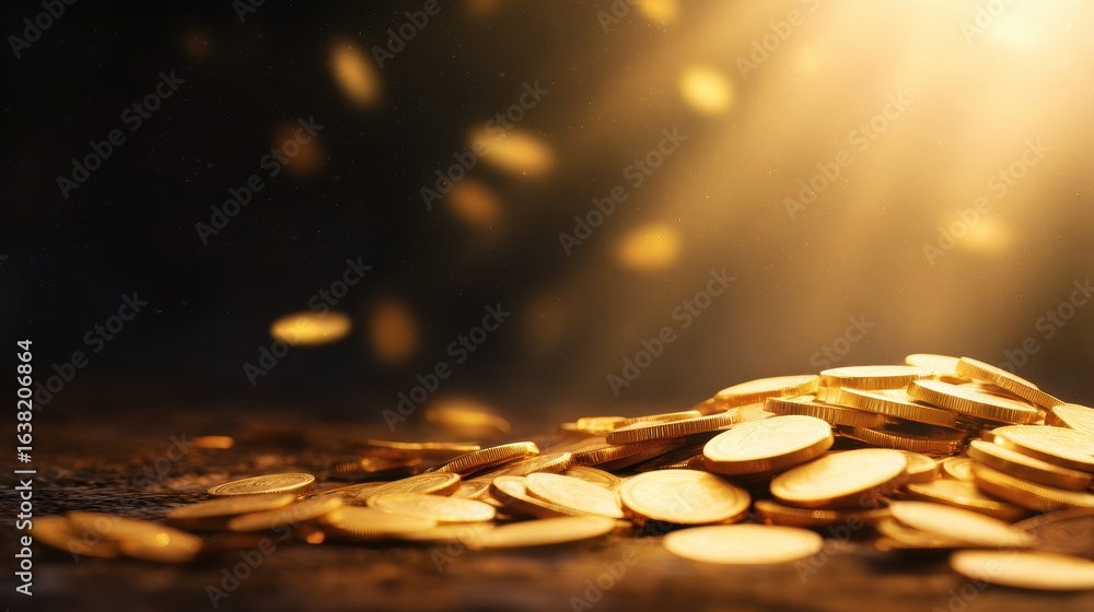 Poster a shimmering pile of gold coins illuminated by soft rays of light, creating a magical atmosphere