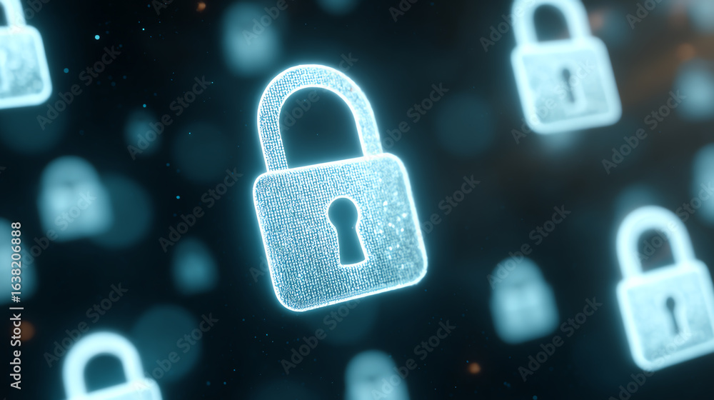 Poster secure digital locks representing online privacy and cybersecurity with glowing effects in a futuris