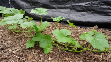 Fototapeta premium Watermelon vine crawling across black tarp mulch in a modern gardening setup