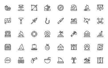 Desert Island survival icon set. Vector illustration. Includes symbols for hammock, compass, campfire, fishing hook, treasure chest, SOS, palm tree and more. Editable stroke.
