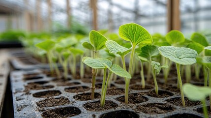 Young watermelon plants sprouting from seedling tray in greenhouse environment