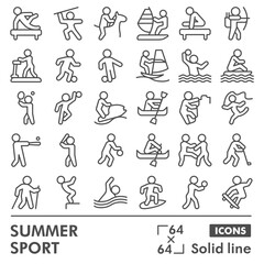 Summer sport symbols collection or sketches, sportsmen people theme bubble with line style signs for web and app. Vector graphics isolated on white background.