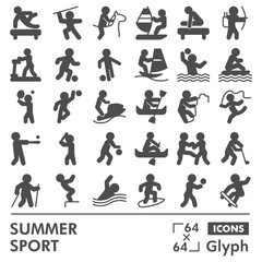 Summer sport symbols collection or sketches, sportsmen people theme bubble with glyph style signs for web and app. Vector graphics isolated on white background.