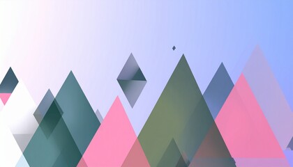 Abstract geometric background with overlapping triangles in shades of pink, green, and blue against a gradient sky.