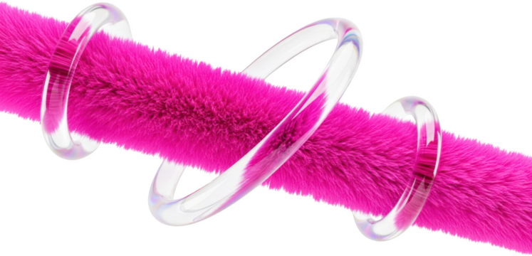 Textured pink fluffy tube with clear shiny rings abstract 3D render isolate fuzzy fur soft vibrant modern