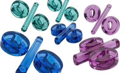 Translucent Glass Percentage Symbols In Teal Blue And Purple Float Against A Transparent Background Isolate