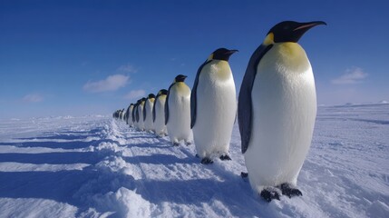 A line of penguins walking single file across the snow-covered landscape