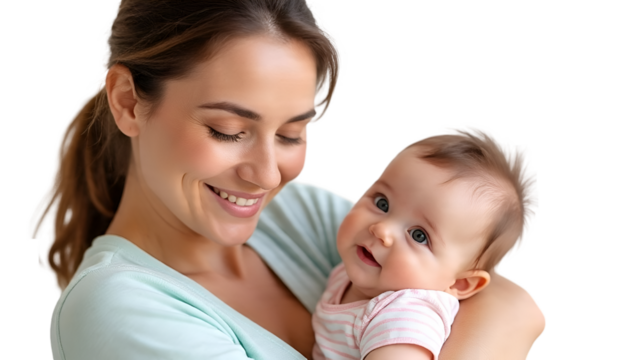 Young Mother Holding Baby with Loving Smile Isolated on White Background