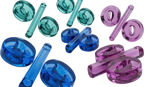 Translucent Glass Percentage Symbols In Teal Blue And Purple Float Against A Transparent Background Isolate