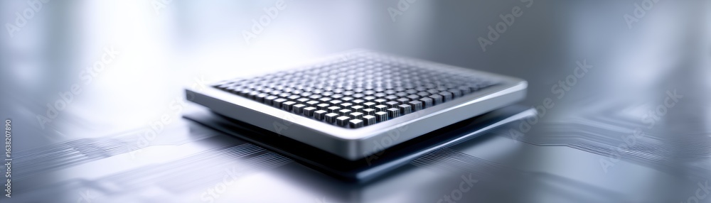 Poster a sleek, modern microchip sits on a reflective surface, showcasing intricate patterns and advanced t