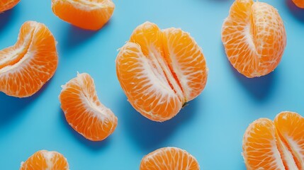 Digital illustration of tangerine segments arranged on a bright blue background.
