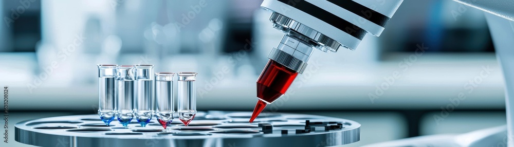 Poster a microscope is shown analyzing samples in a laboratory setting, with a focus on precision and scien