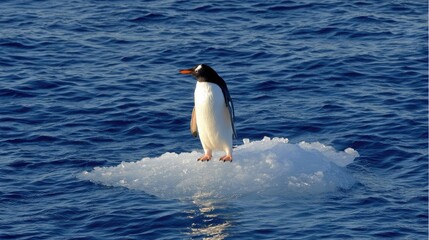 Fototapeta premium A single penguin perched on a small floating iceberg in open sea