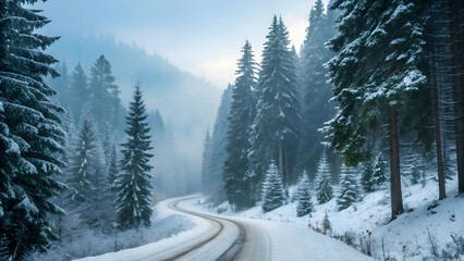 Snowy Mountain Forest with Winding Road in Dramatic Winter Landscape