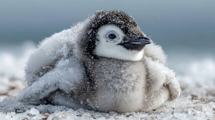 A young penguin chick covered in fluffy down, resting on icy ground