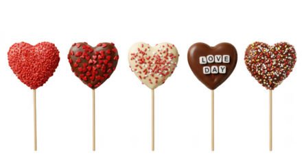 Five heart shaped lollipops decorated with various toppings isolated on transparent background