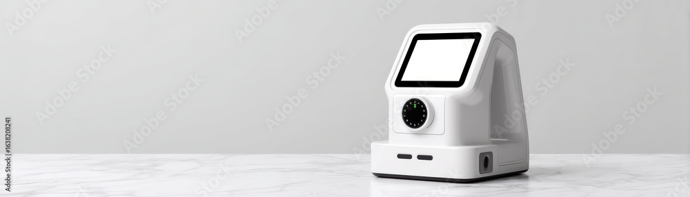 Aufkleber a sleek, modern device sits on a marble surface, featuring a touchscreen and circular dial, designed