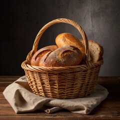 Fresh bread in basket on wooden table, plain background.