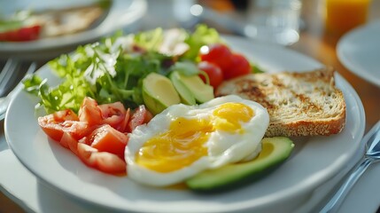 Photograph of a white plate featuring an egg, avocado, toast, and sliced tomatoes.