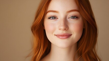 Fototapeta premium Photograph of a woman with red hair and freckles, showcasing a natural expression and subtle makeup.