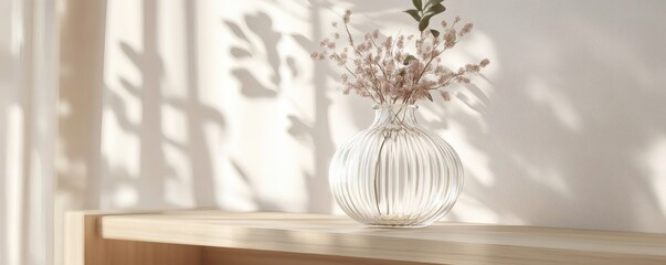 Delicate floral arrangement in a glass vase against a sunlit wall.