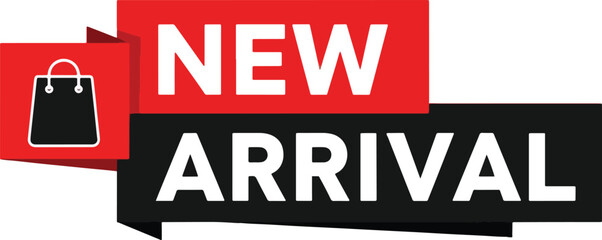 Graphic design featuring "NEW ARRIVAL" text with a shopping bag icon, promoting new products.