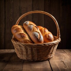 Fresh bread in basket on wooden table, plain background.