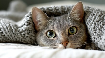 Naklejka premium Cat with wide eyes peeking out from under a cozy knit blanket on a bed