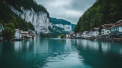 Naklejka premium Scenic lake view framed by mountains and charming lakeside houses