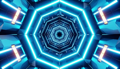 Abstract neon tunnel with hexagonal patterns and glowing light.